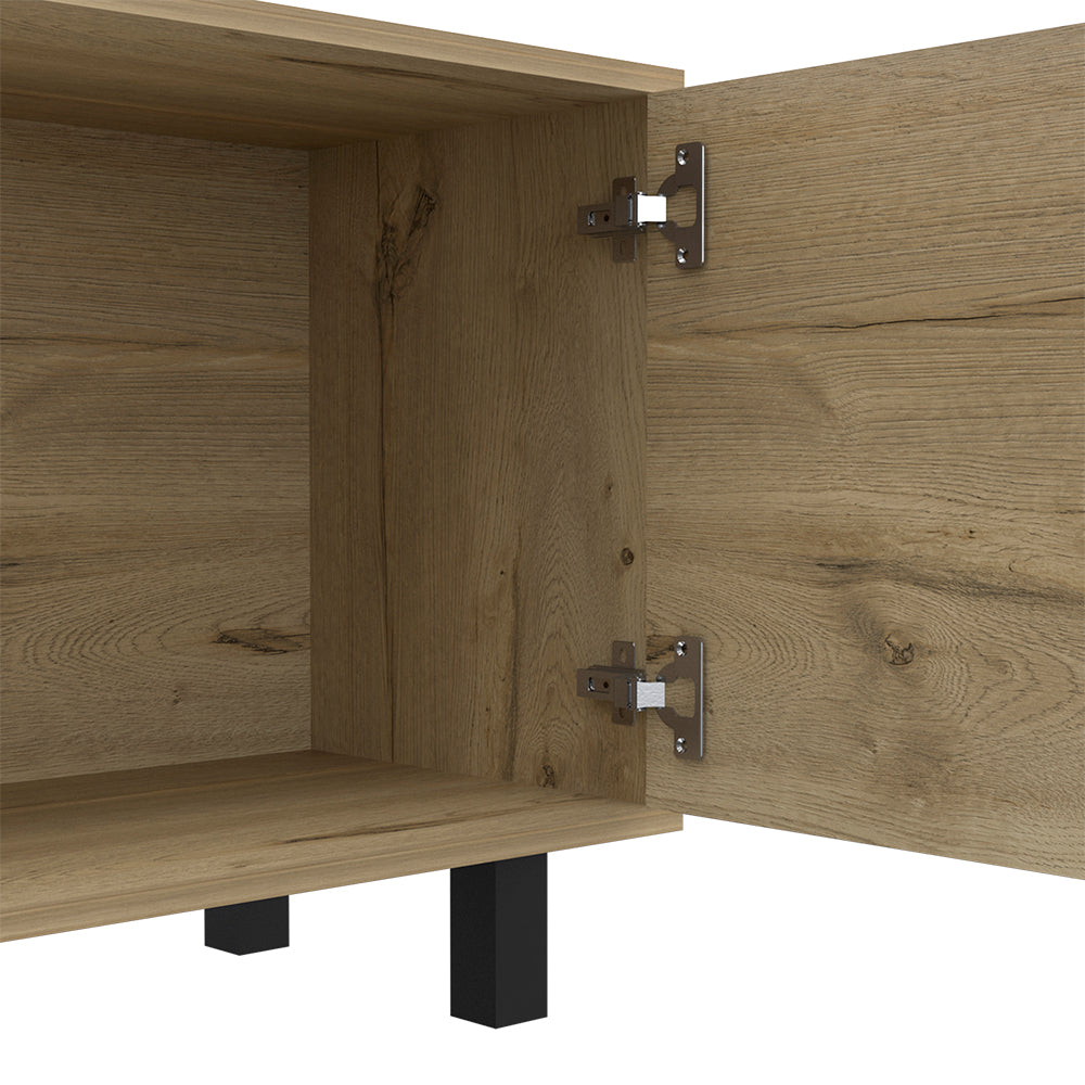 Open brown wood cabinet interior with metal hinges and black legs