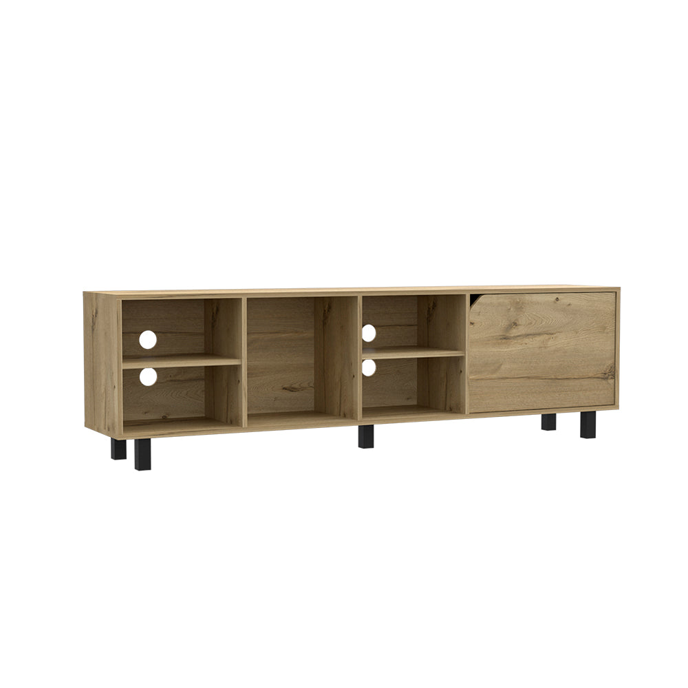 Natural oak media console with open shelving and a single cabinet door