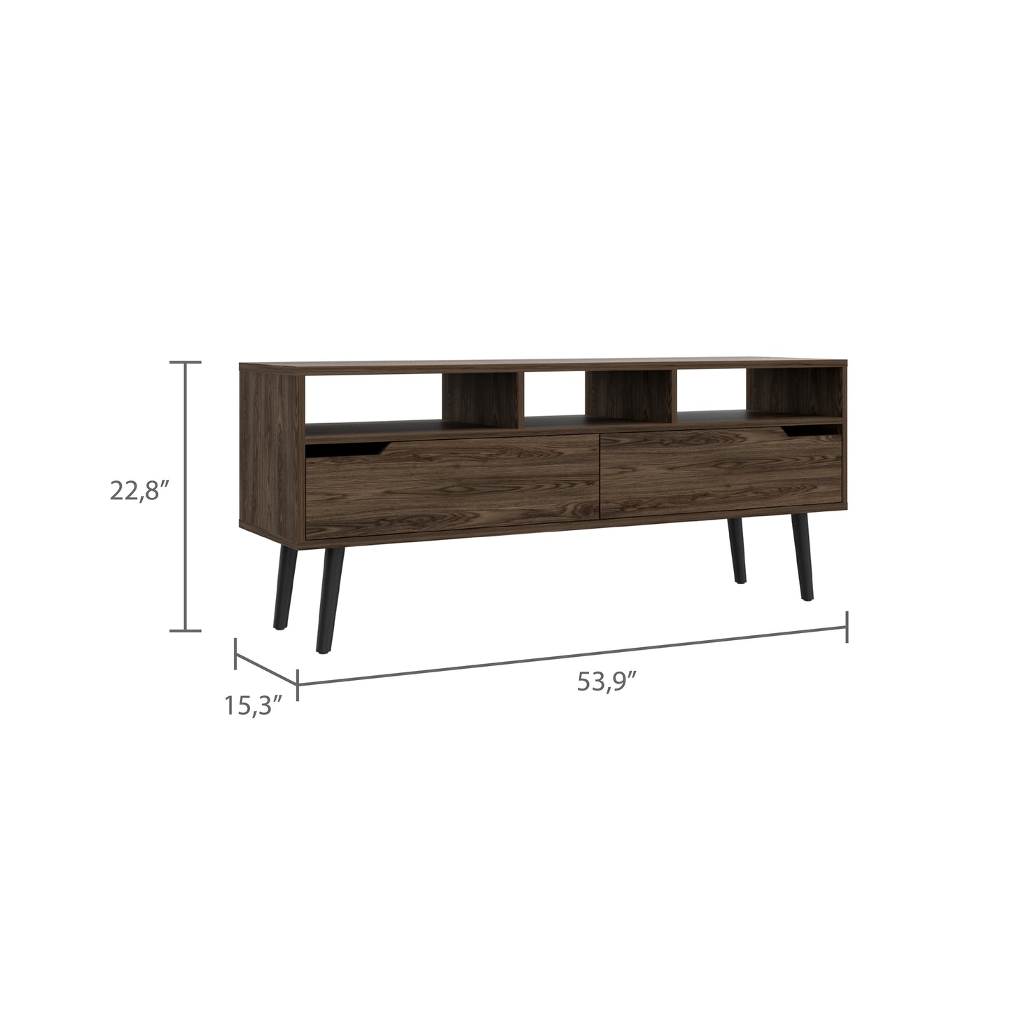 Dark wood TV stand with two drawers and open shelving spaces perfect for entertainment centers