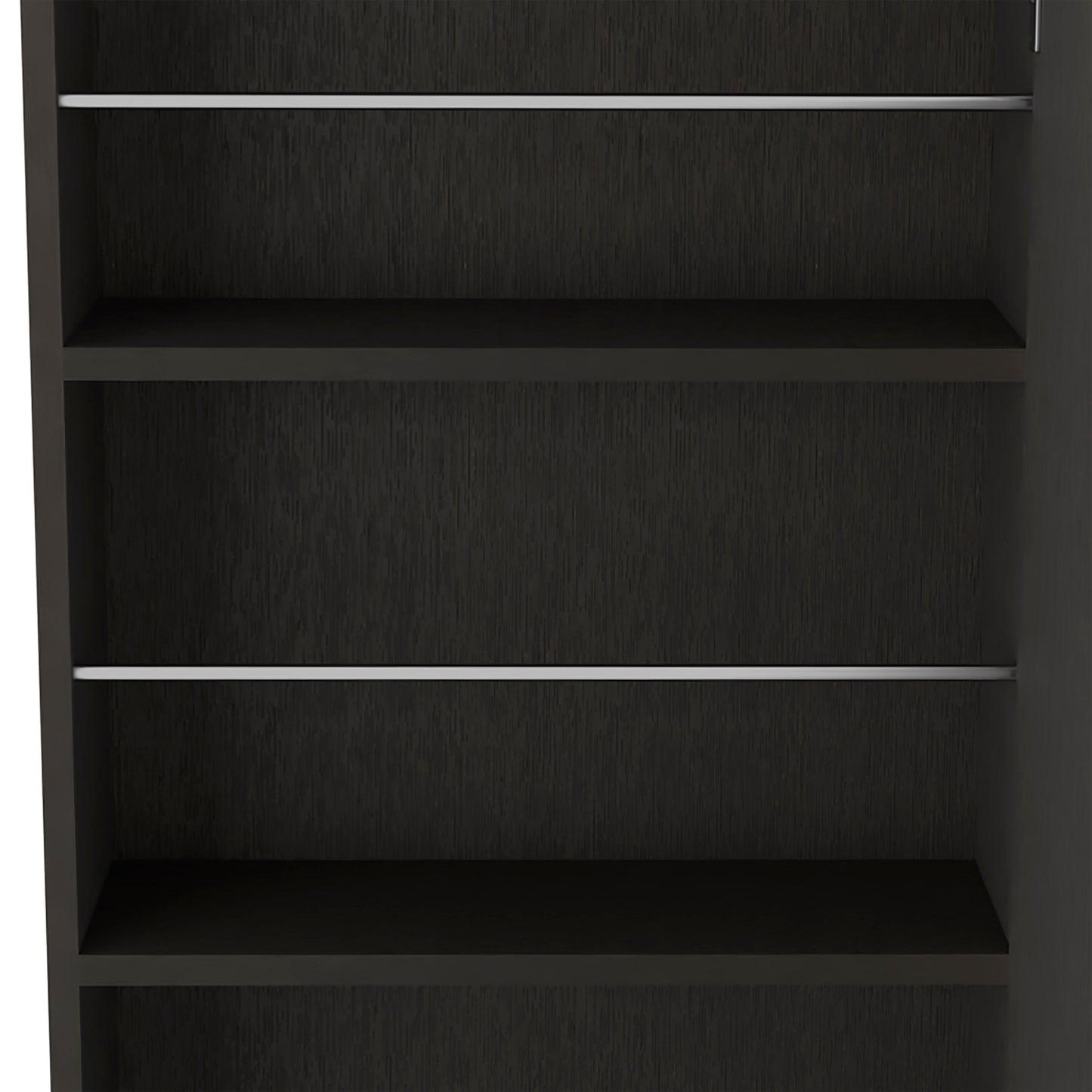 Dark wood bookshelf with three open shelves and silver trim