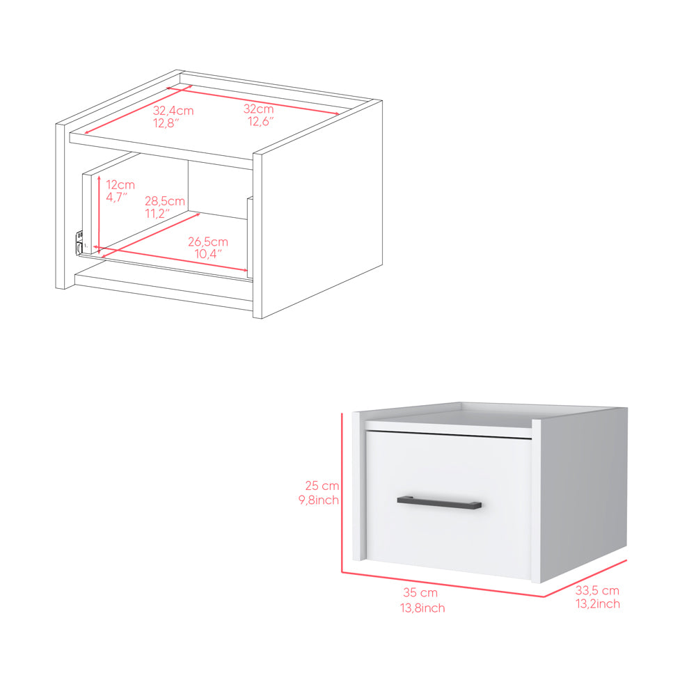 White bedside table with single drawer and open shelf storage