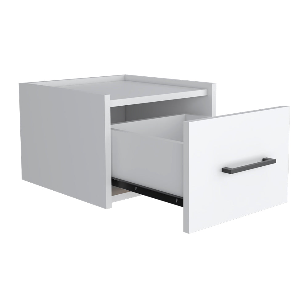 White modern nightstand with open drawer and black handle