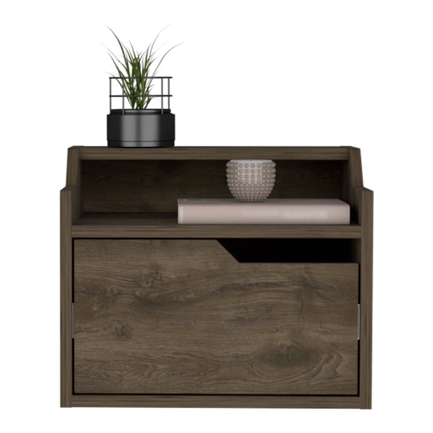 Dark wood veneer nightstand with open shelf drawer and decorative items
