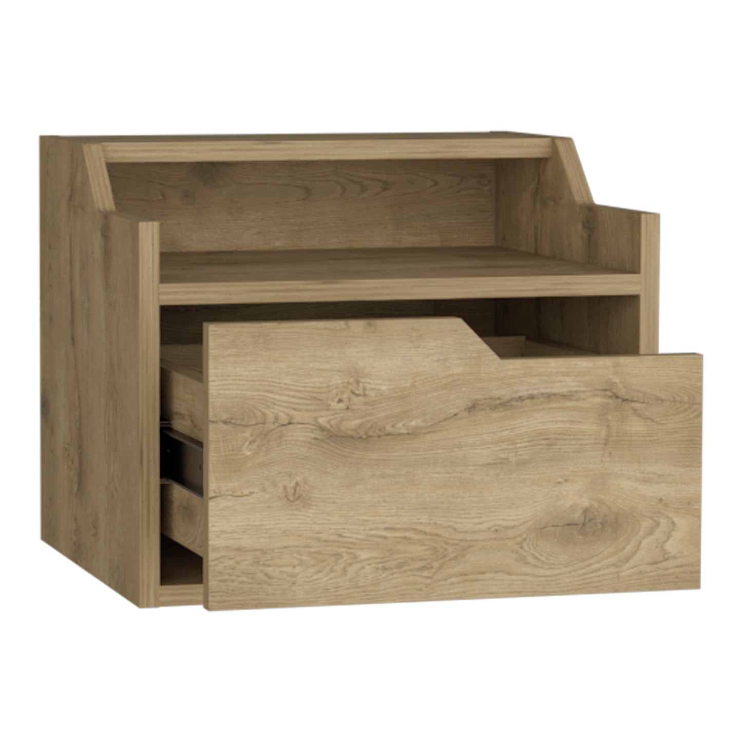 Wooden bedside table with open drawer and shelf in light oak finish
