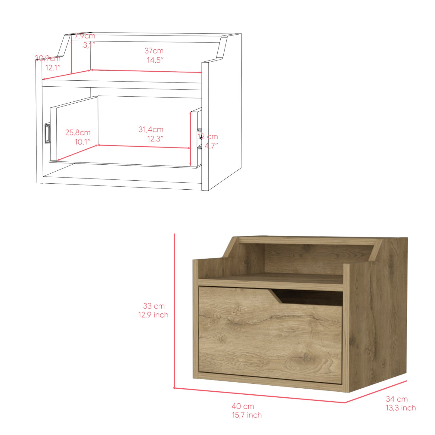 Wooden bedside table with a single drawer and an open shelf space