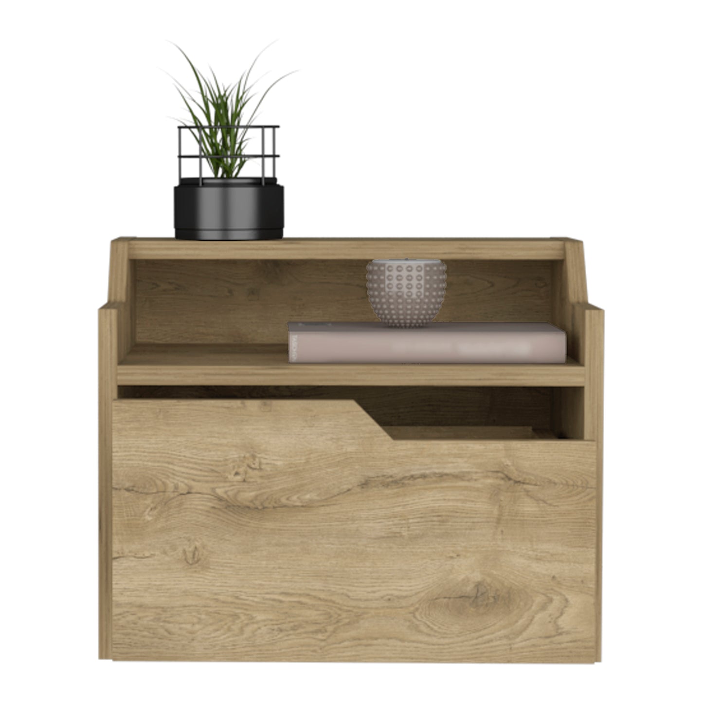 Natural wood grain bedside table with open shelf and drawer