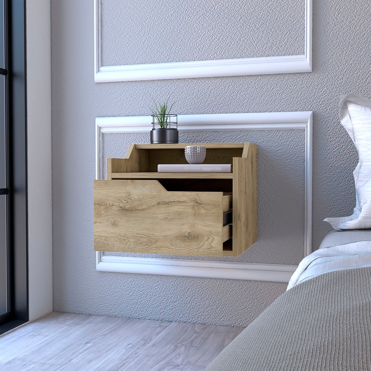 Floating bedside table with light oak wood finish open shelf and drawer
