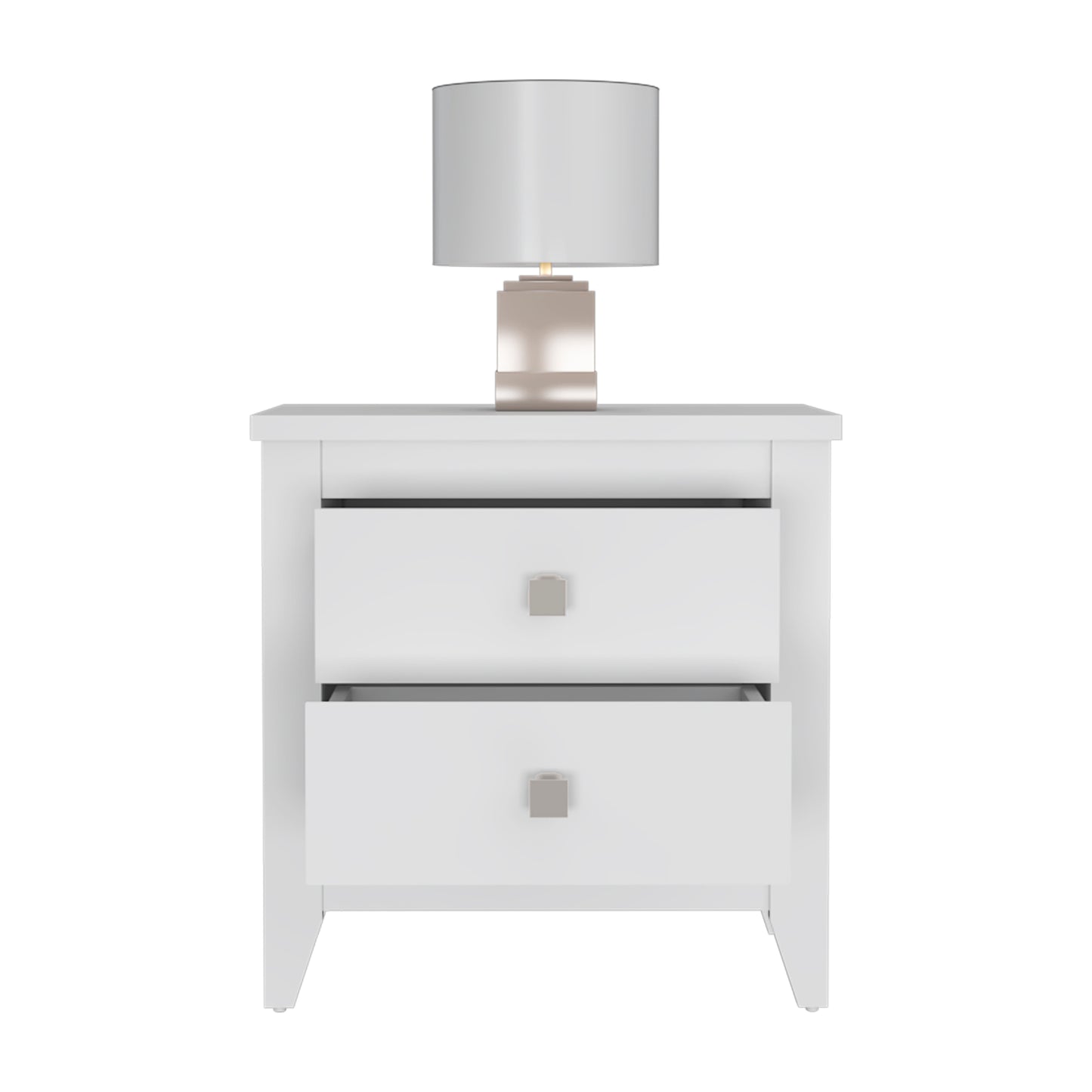 Modern white nightstand with two drawers and a brushed nickel lamp