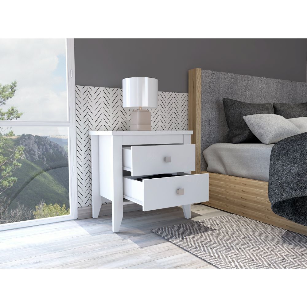 White twodrawer nightstand with silver knobs bedside storage solution