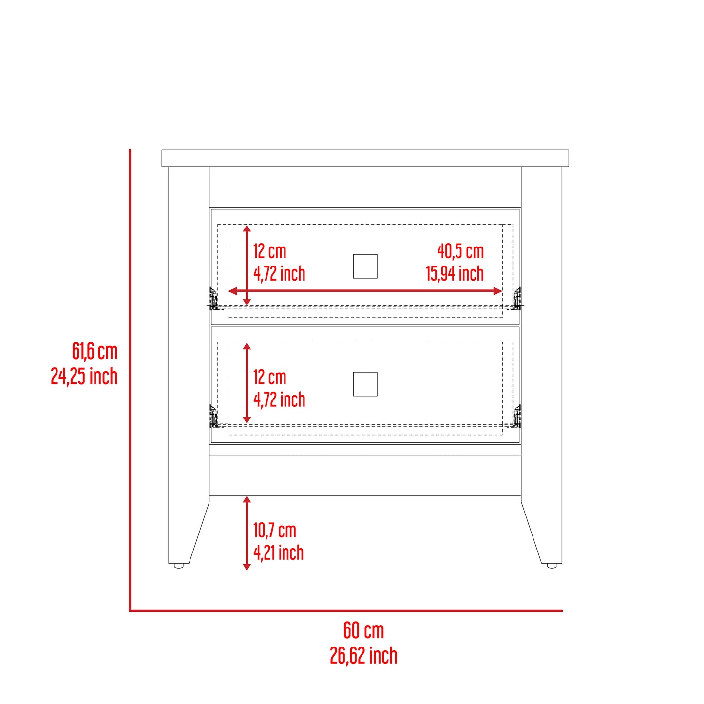 Technical drawing of a vanity cabinet with dimensions labeled cm height cm width cm drawer width