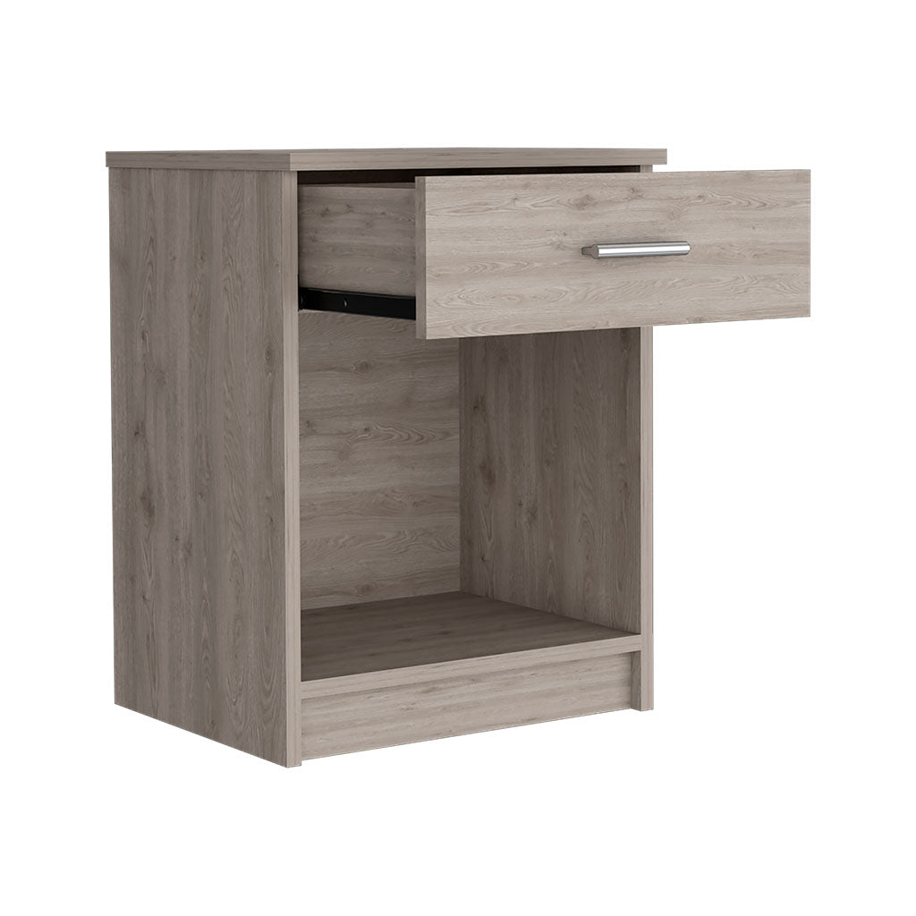 Light brown wood grain nightstand with open drawer and shelf