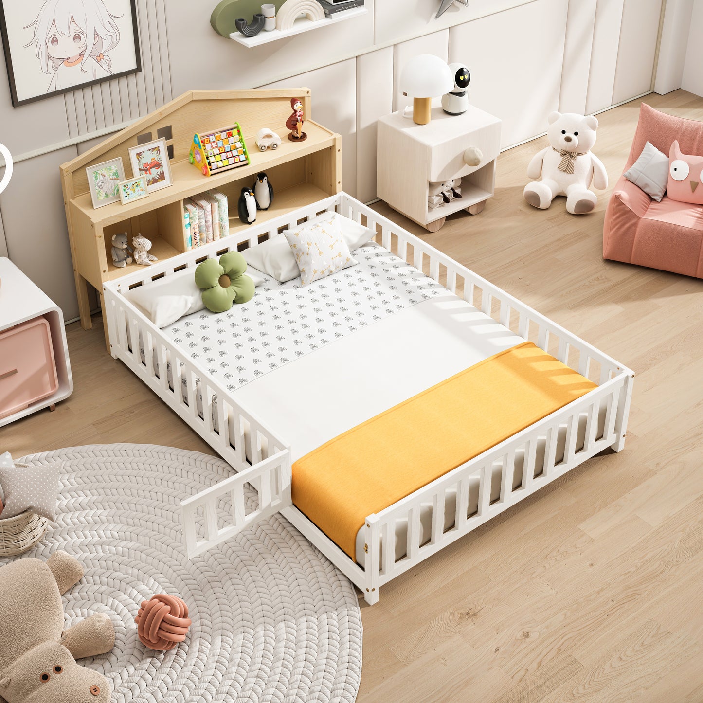 White wooden toddler bed with guardrails and orange bedding