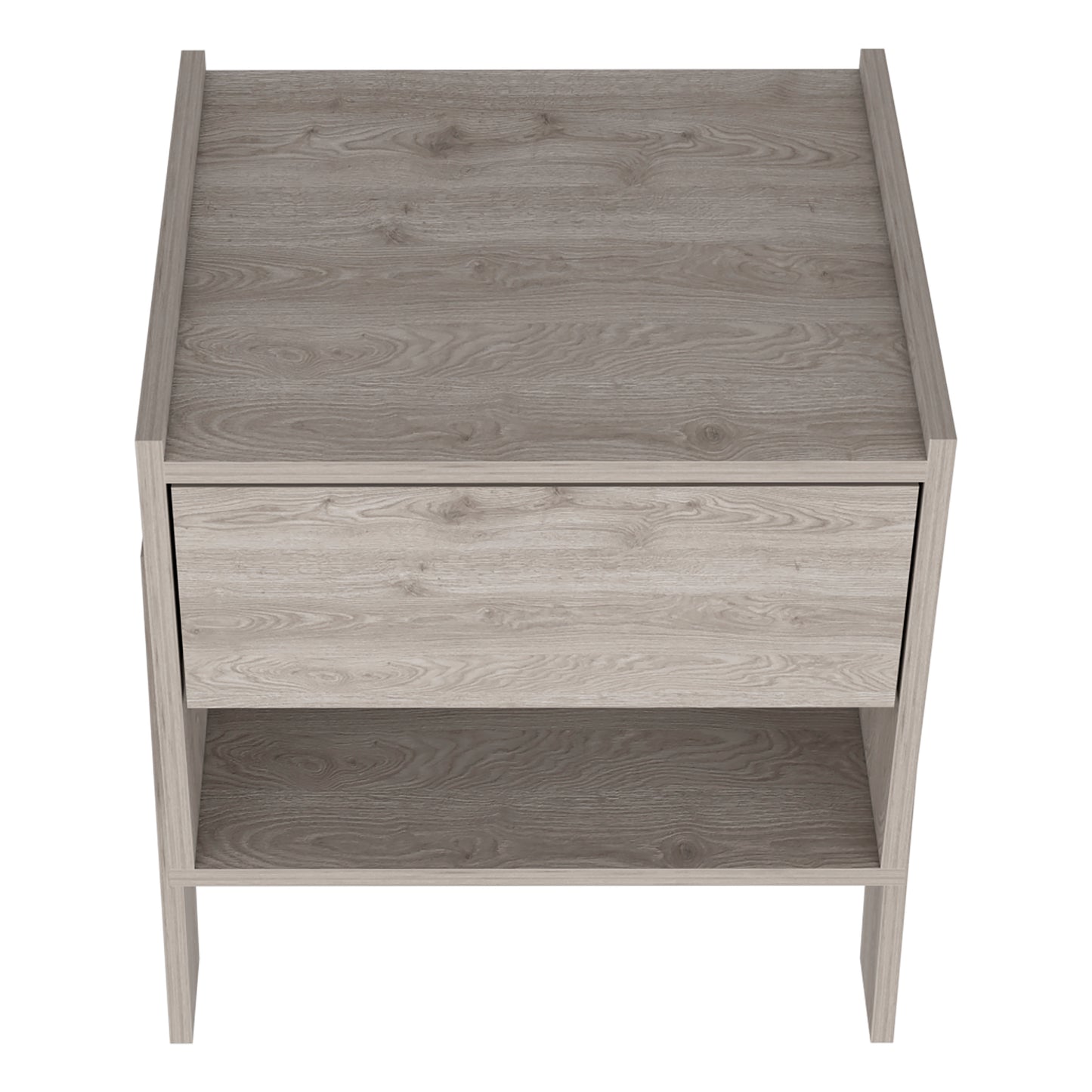 Grey wood effect bedside table with one drawer and open shelf