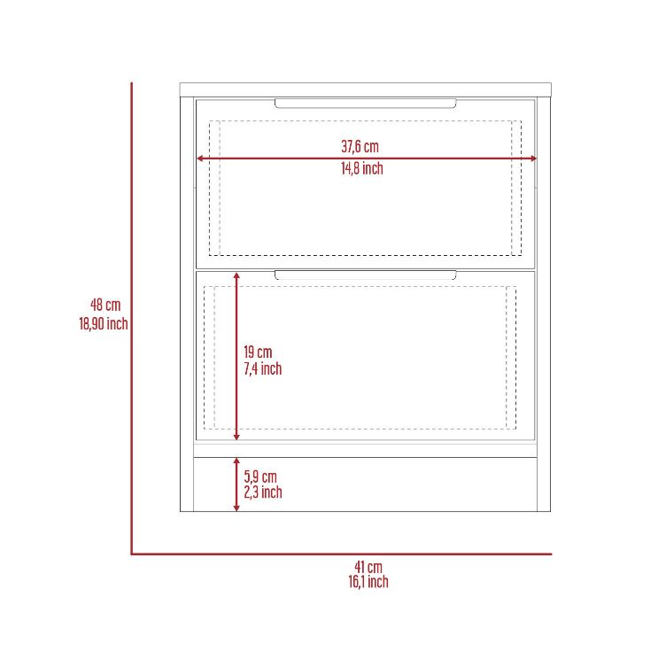 Diagram of a twodrawer chest with dimensions cm height cm width and cm drawer width