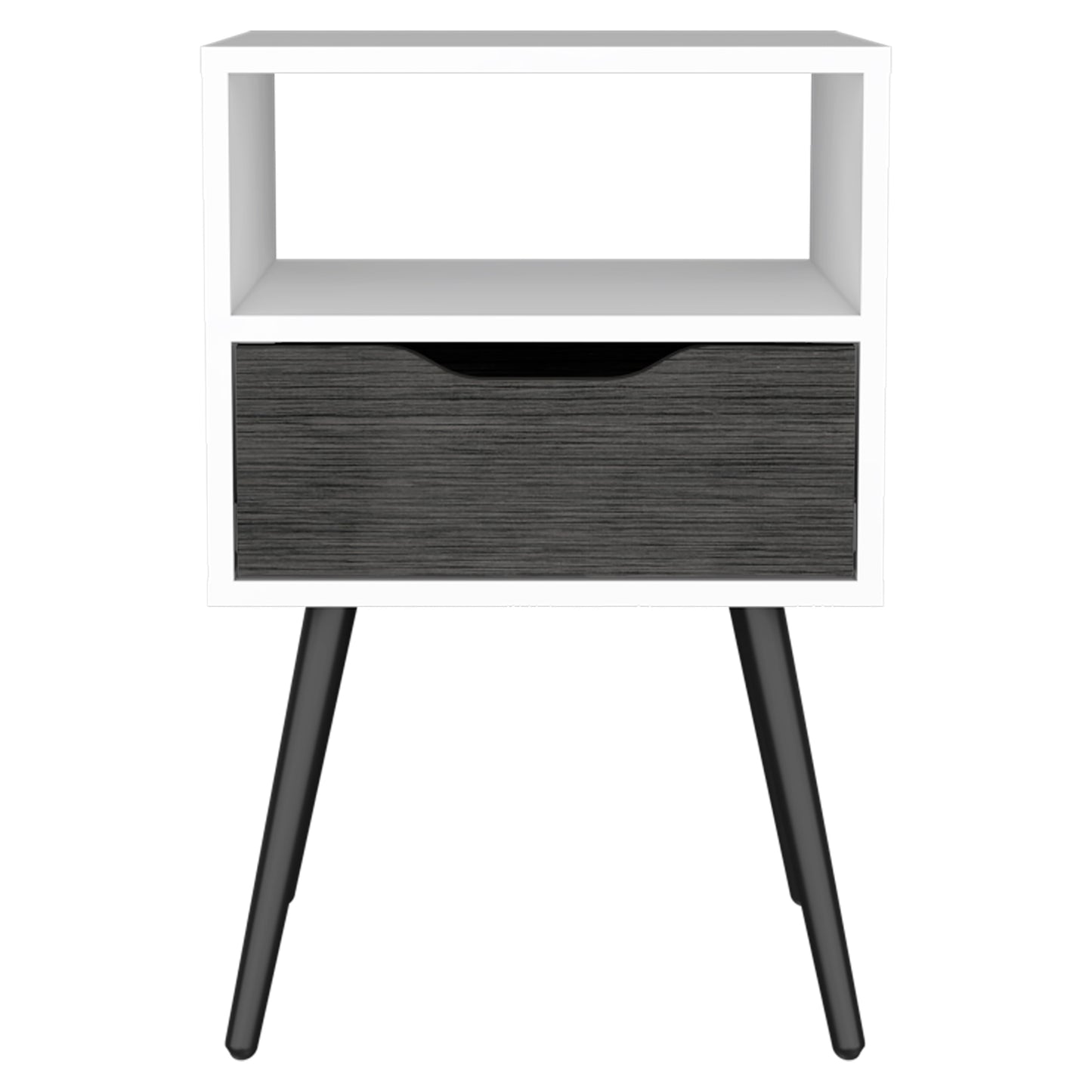 White and gray modern nightstand with one drawer and open shelf tapered legs