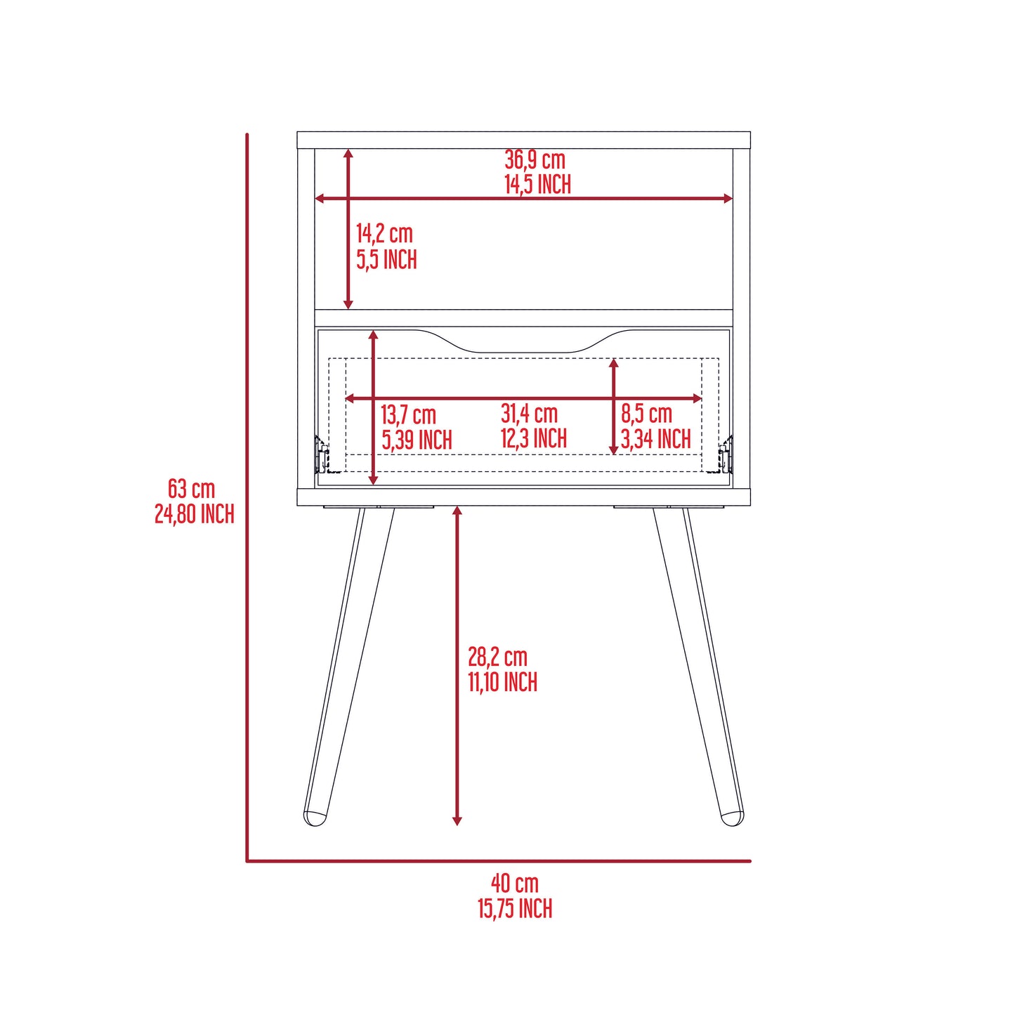 Dimensions diagram for a modern white nightstand with a single drawer and tapered legs Main keyword nightstand