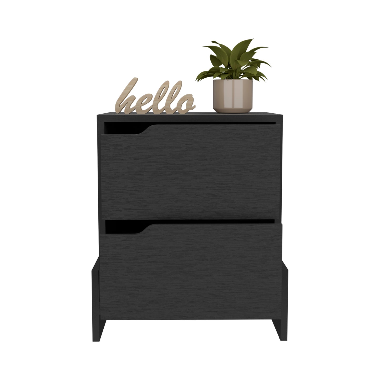 Modern black wood twodrawer nightstand with carved hello and potted plant