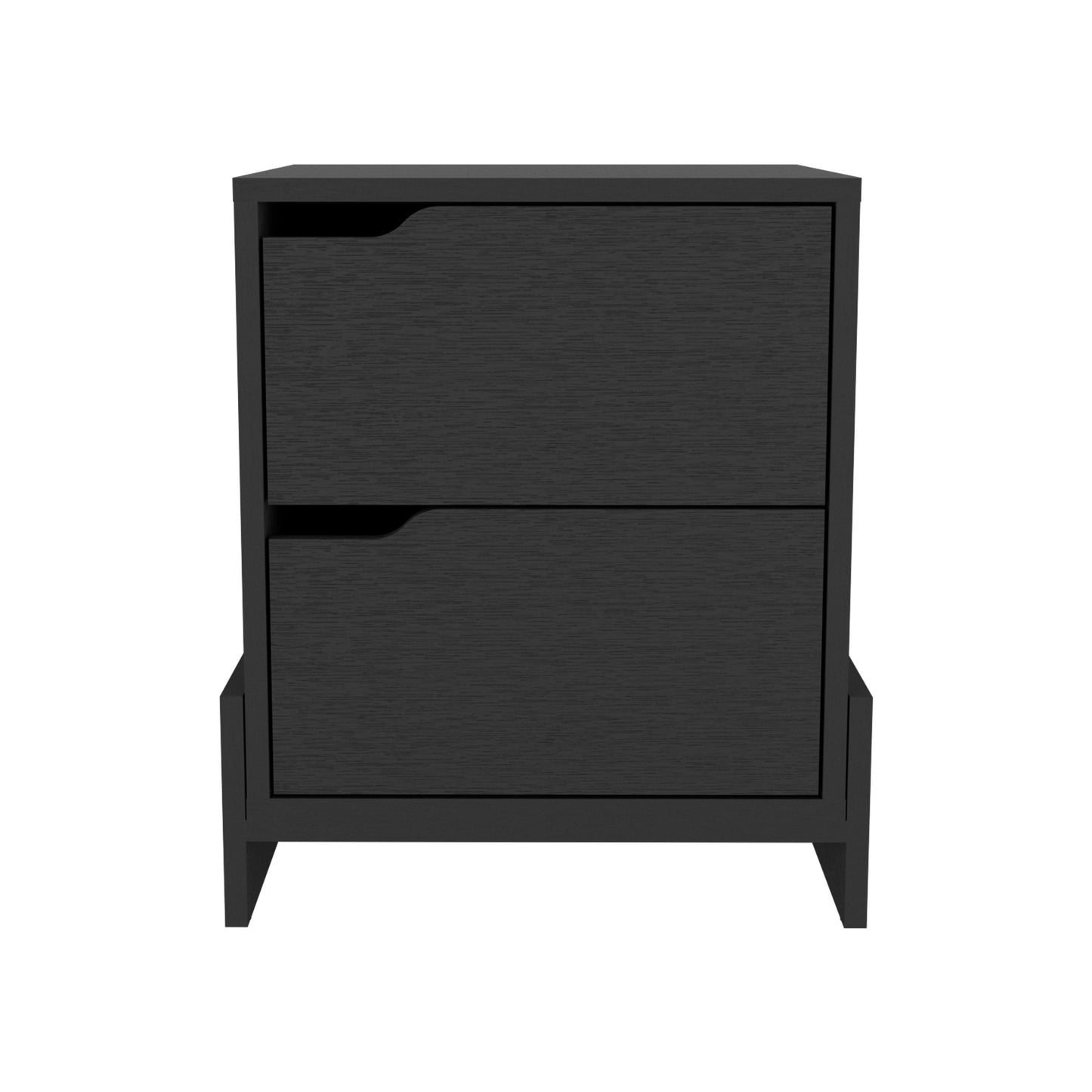 Modern black twodrawer nightstand with sleek horizontal drawer pulls and wood grain texture