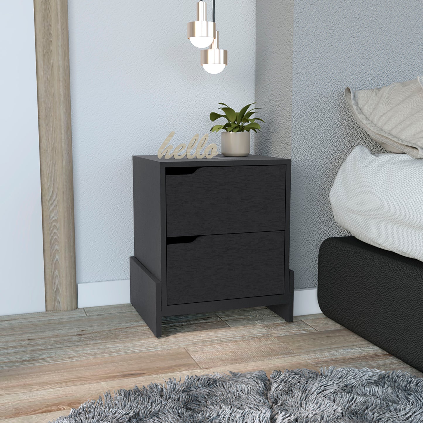 Dark grey oak finish nightstand with two drawers and modern design