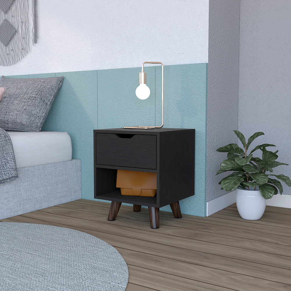 Black minimalist nightstand with drawer and open shelf on tapered legs