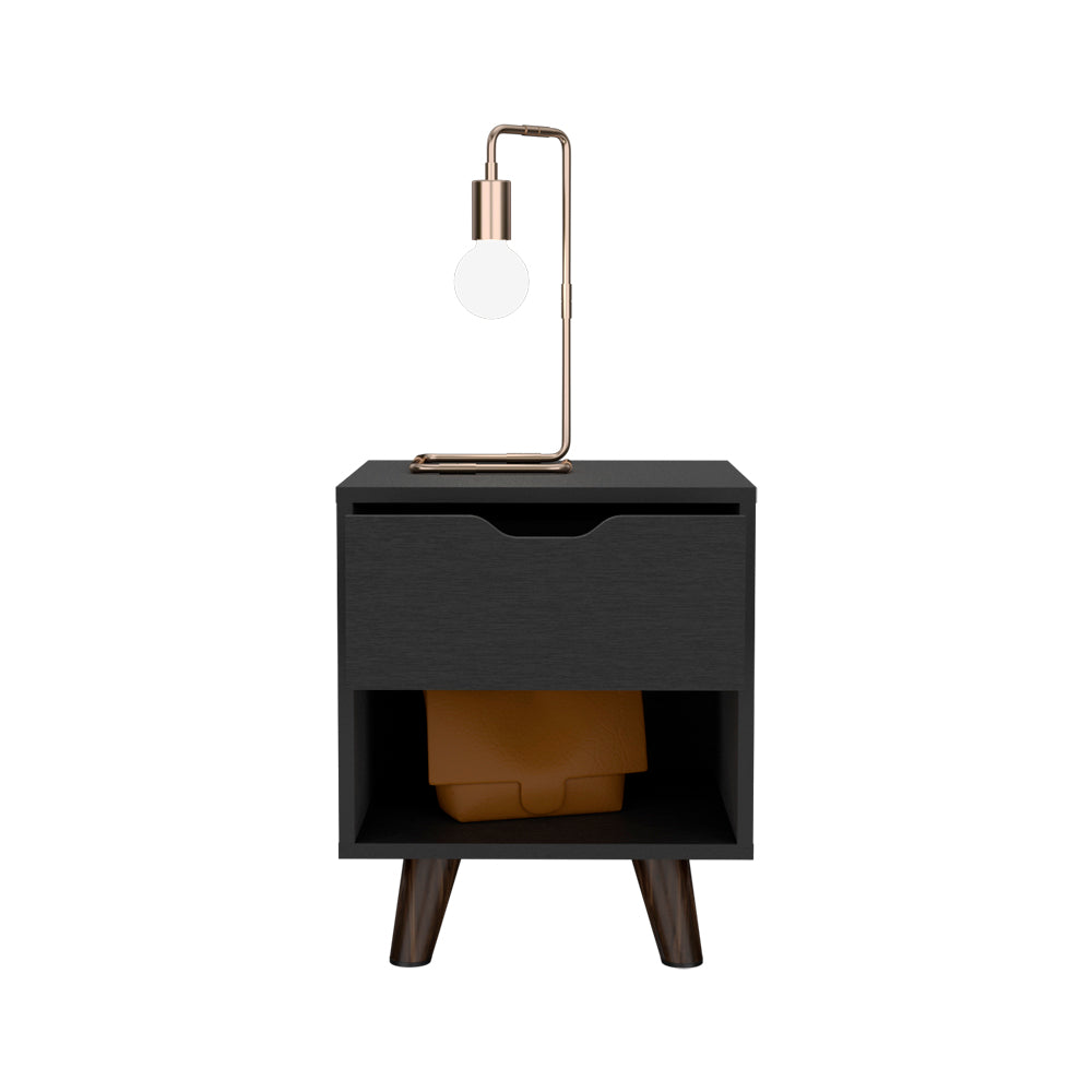 Black modern nightstand with open shelf and drawer featuring a bronze lamp
