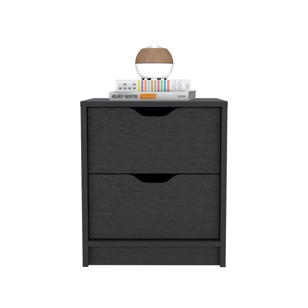 Dark gray wood bedside table with two drawers and an aroma diffuser on top