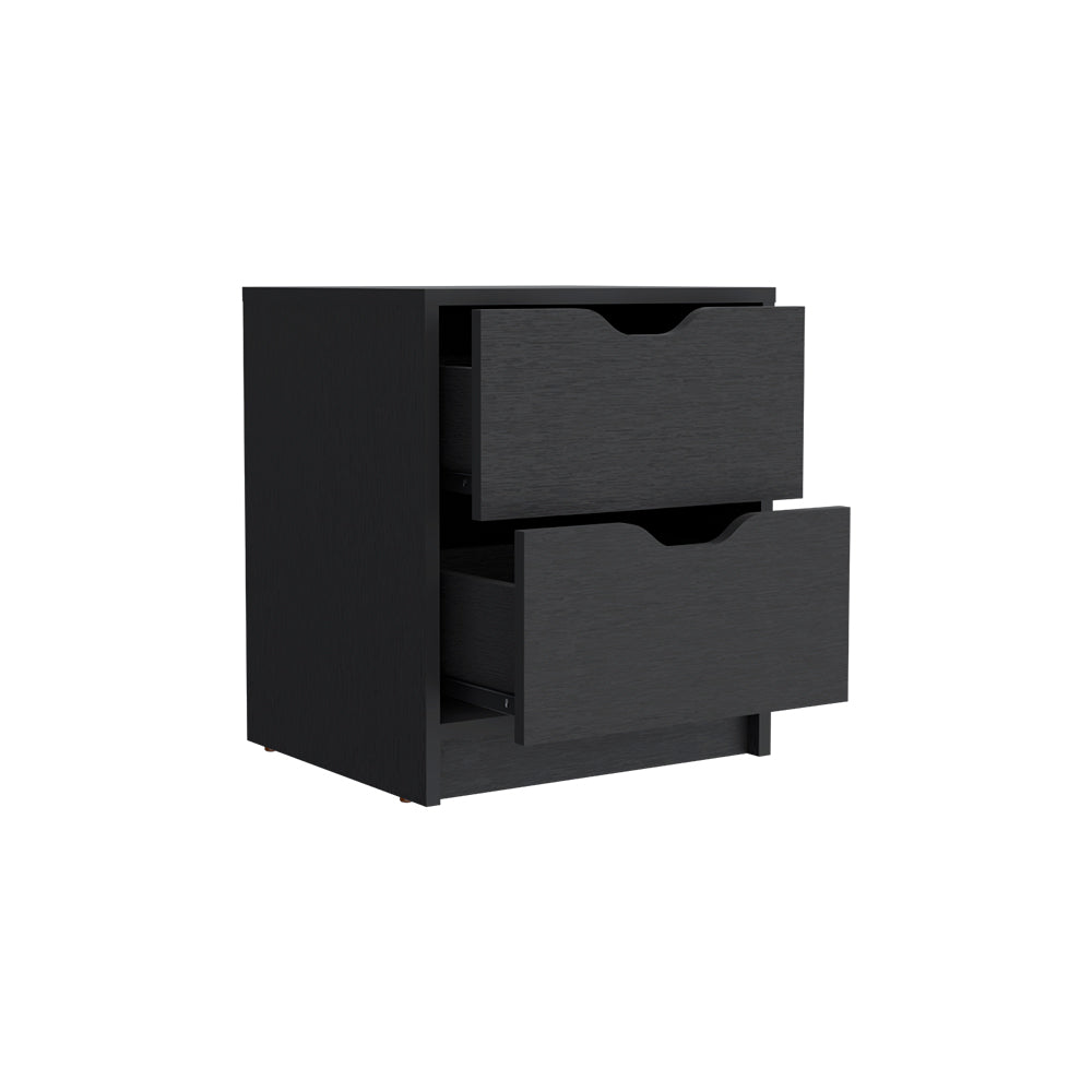 Modern black twodrawer nightstand with integrated handles perfect for bedrooms