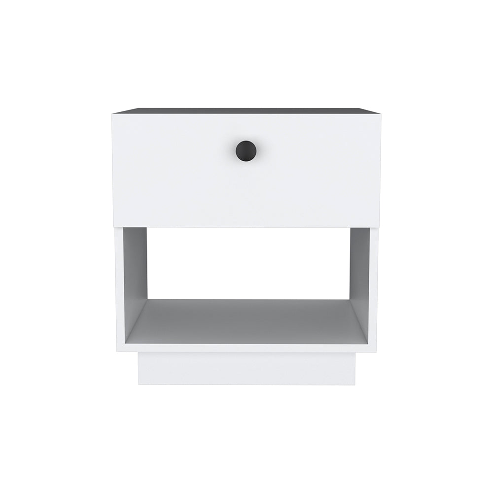 White modern nightstand with open shelf and black knob drawer