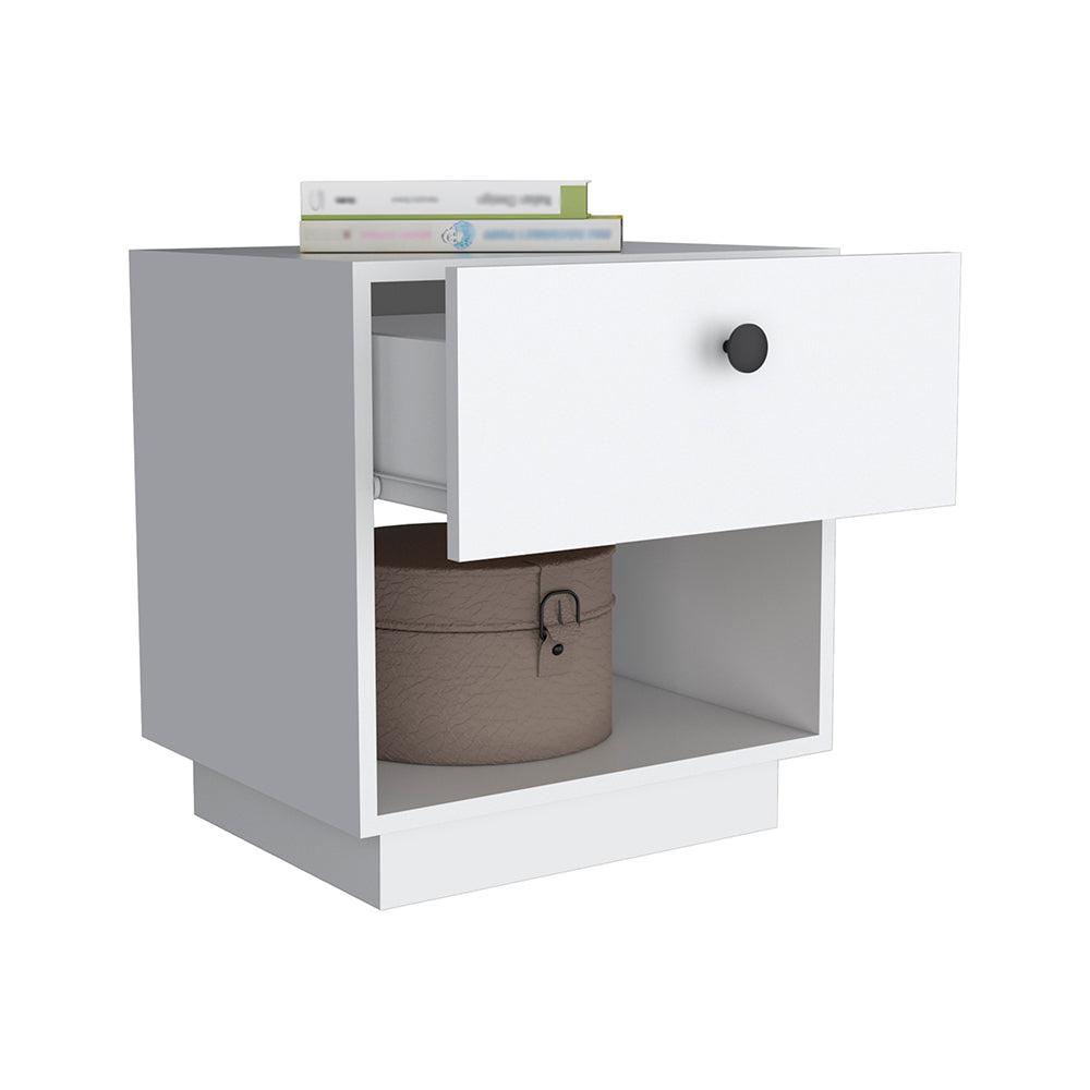 White modern nightstand with one drawer and open shelf holding decorative box