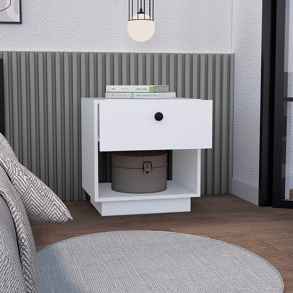 Modern white bedside table with single drawer and open shelf perfect for bedrooms