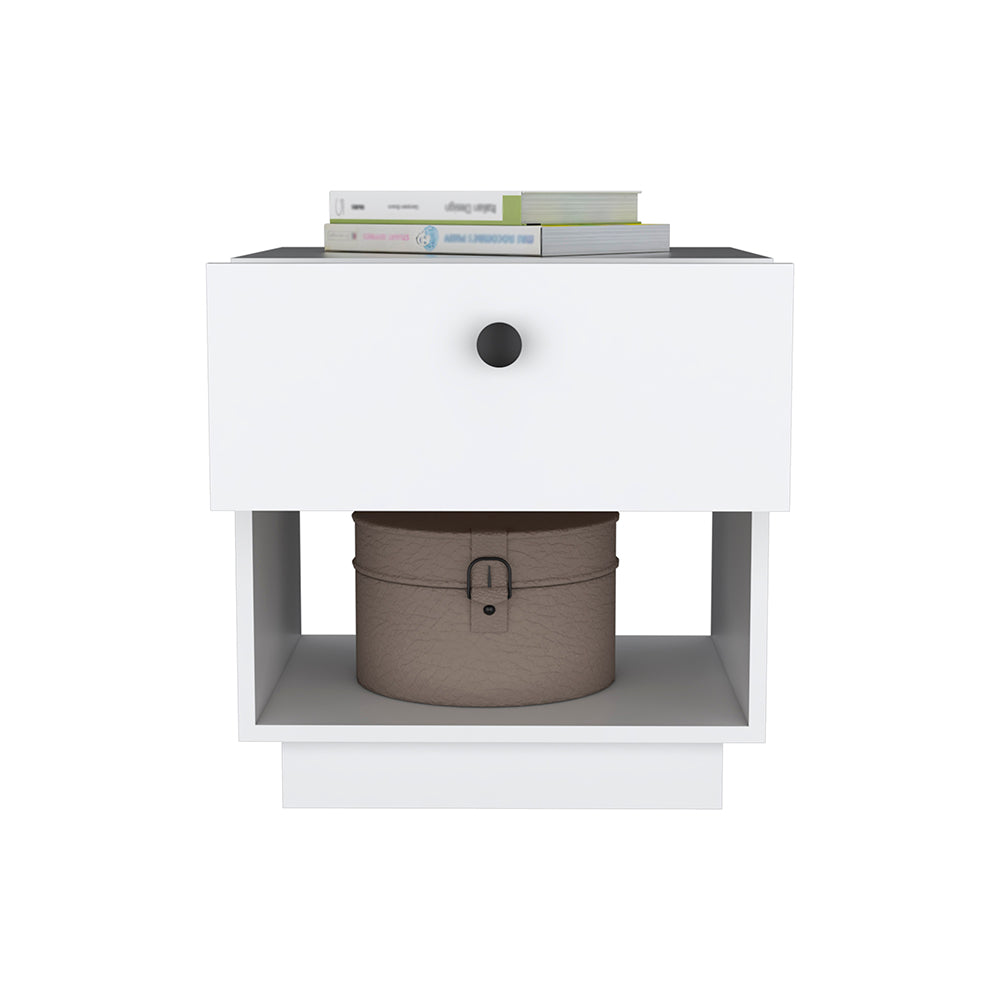 White modern nightstand with a single drawer and open shelf
