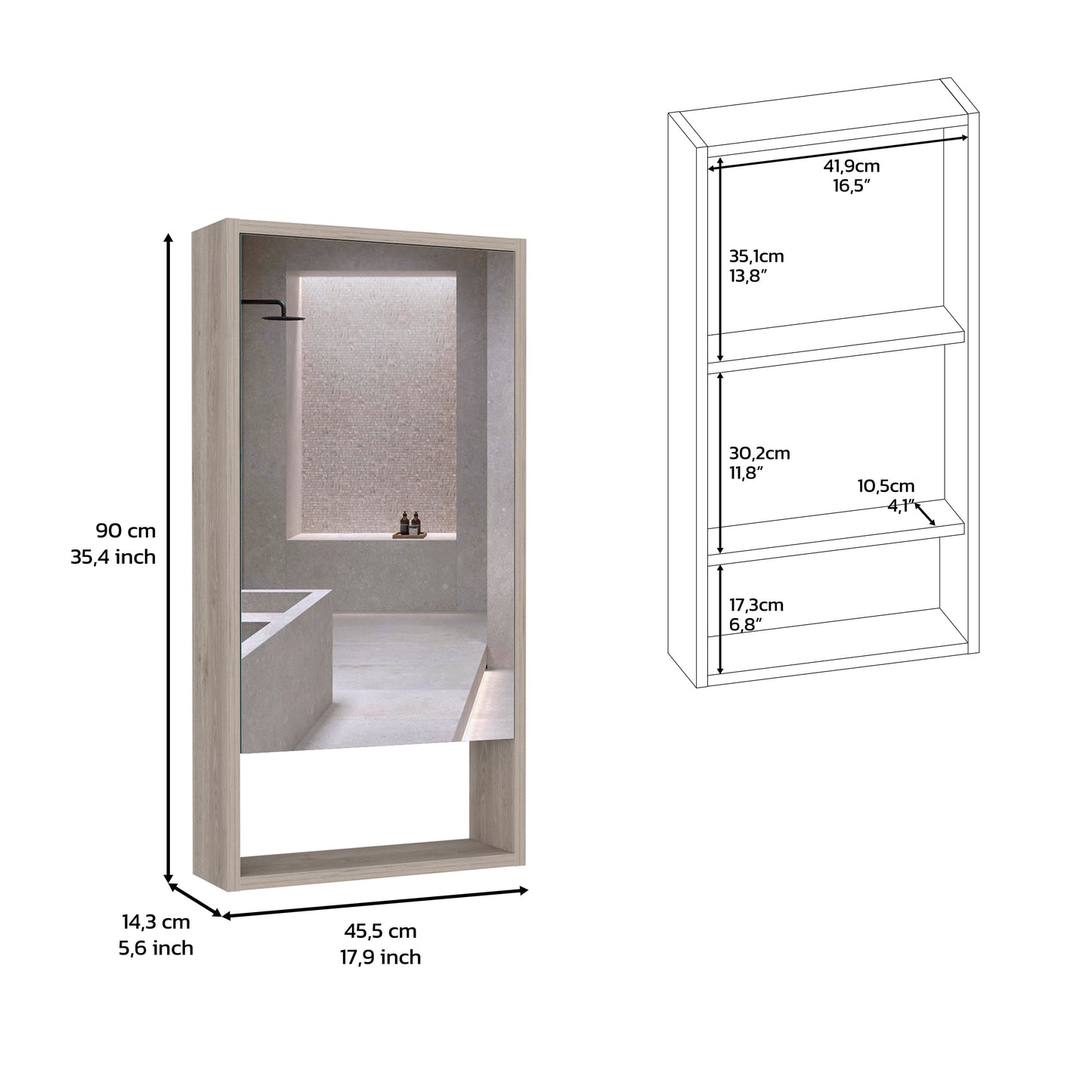 Modern oakeffect bathroom cabinet with mirror and open shelving cm high
