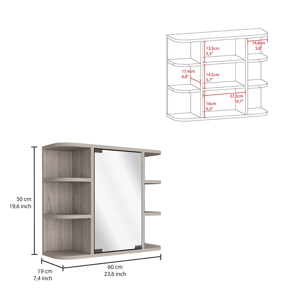 Modern oak effect wallmounted storage cabinet with mirrored door and shelves