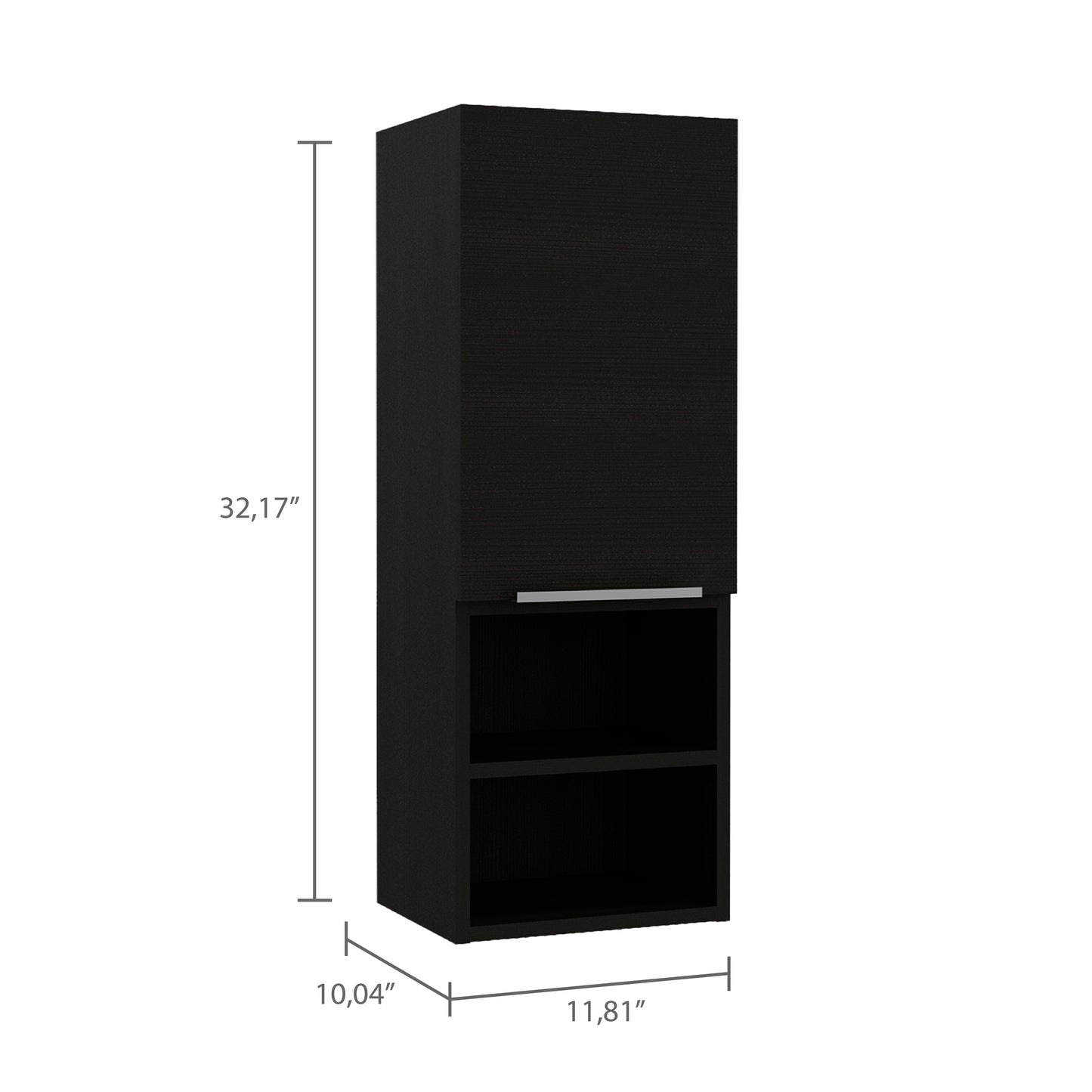 Dark espresso tall wall cabinet with a single door and two open shelves