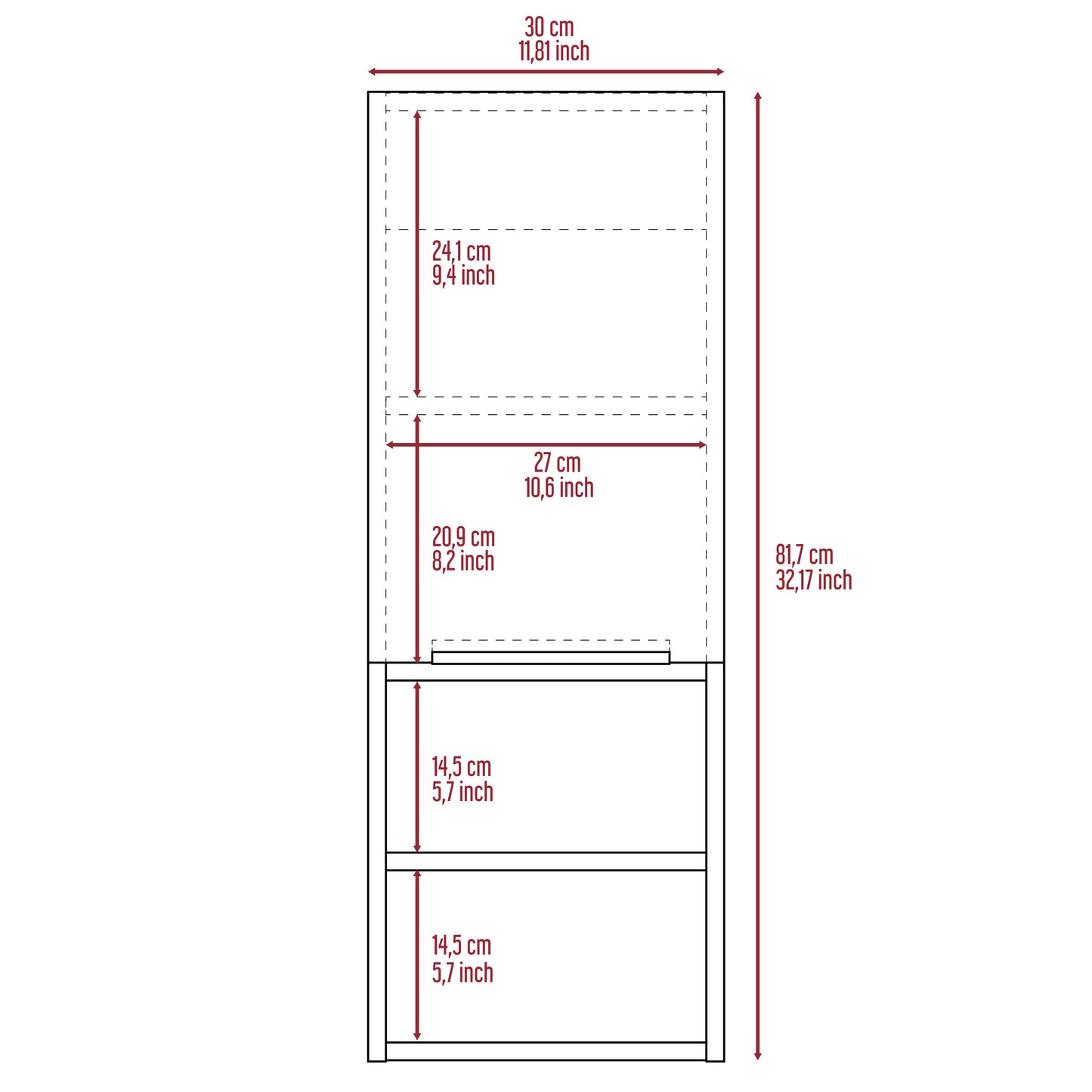 Product dimensions diagram showing a tall narrow shelving unit with internal measurements for shelves