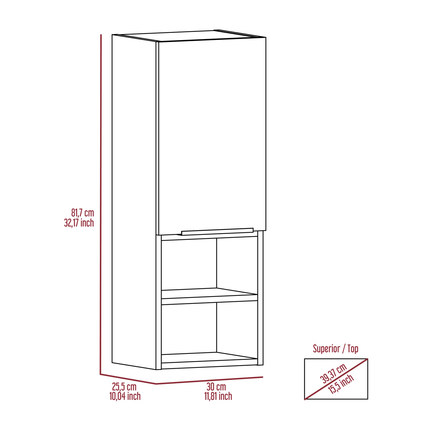 Line drawing of a tall narrow cabinet with one door and two open shelves below showing dimensions