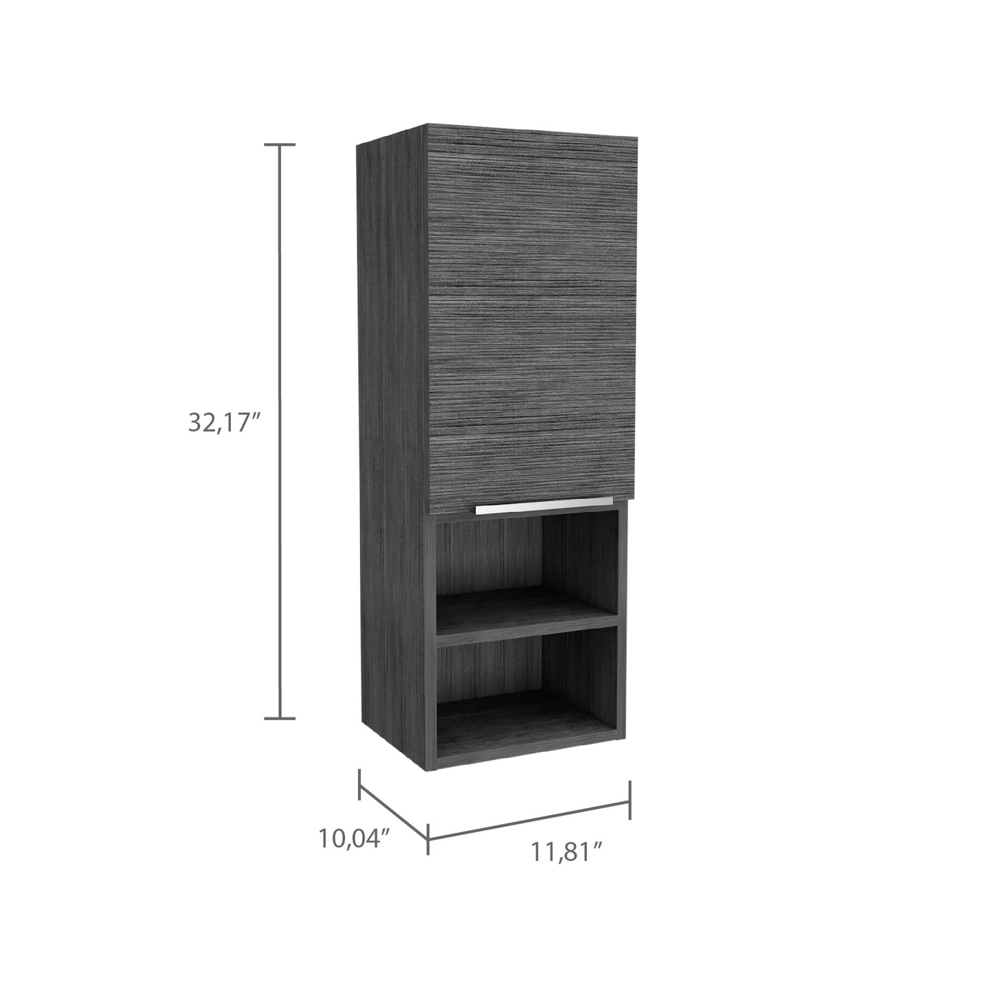 Gray wood grain wall cabinet with open shelves and a single door H