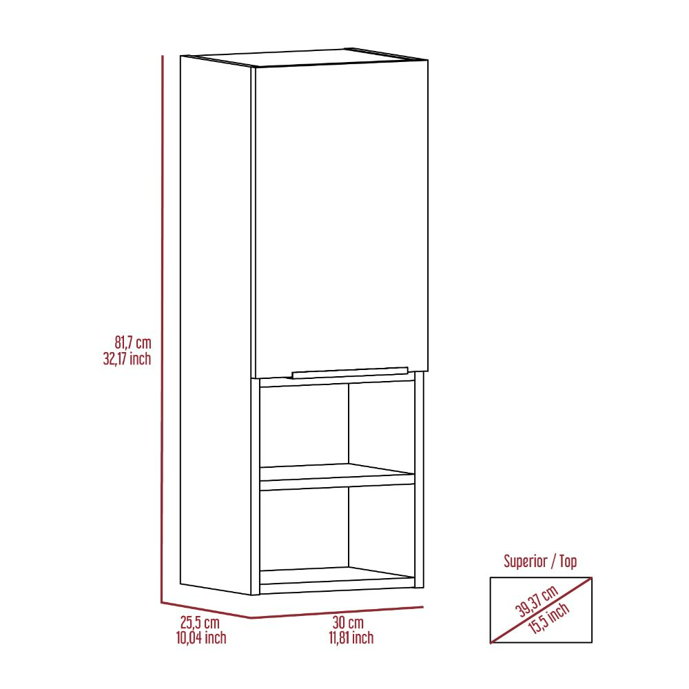 Line drawing of a tall narrow white wall cabinet with two open shelves below a closed compartment