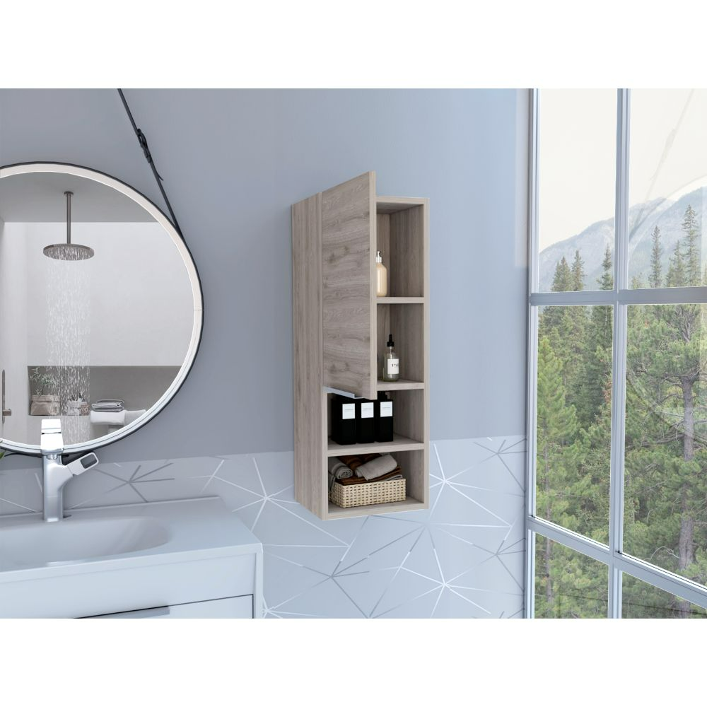 Gray wood narrow bathroom cabinet with open shelving and a flipup door for storage