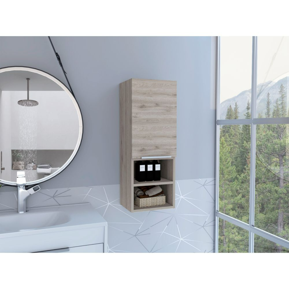 Tall narrow oak wood bathroom cabinet with one closed door and two open shelves
