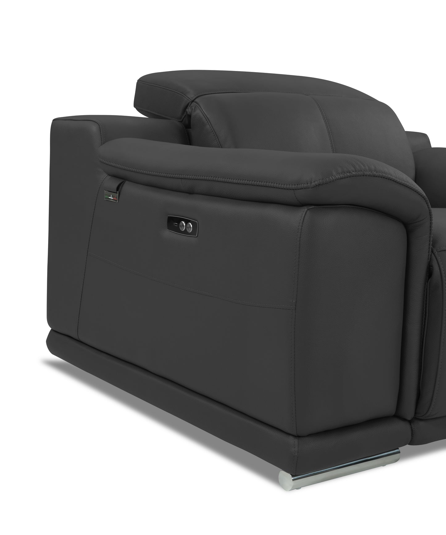 Dark grey leather reclining sofa with chrome feet and power controls