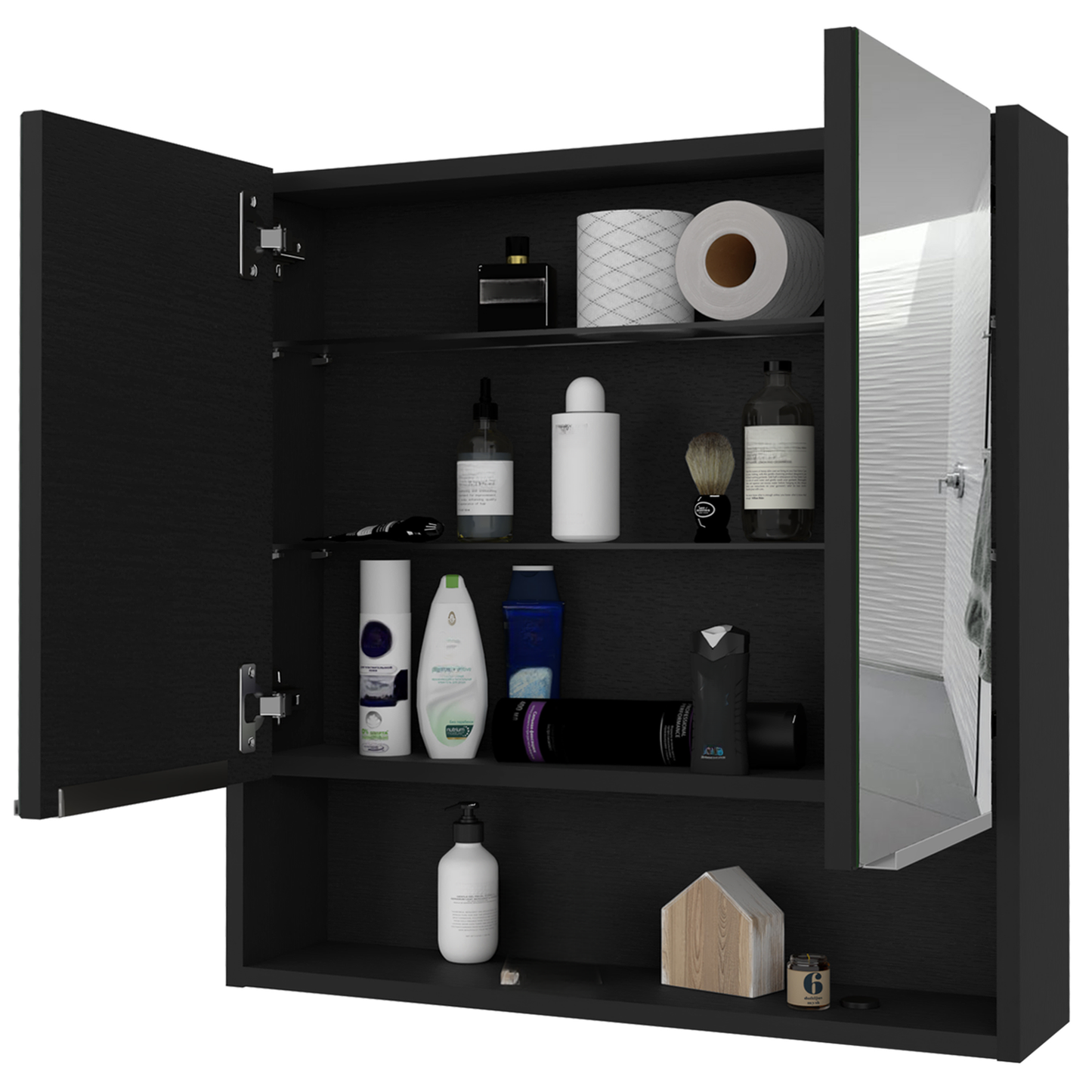 Black bathroom medicine cabinet with mirrored door and toiletries