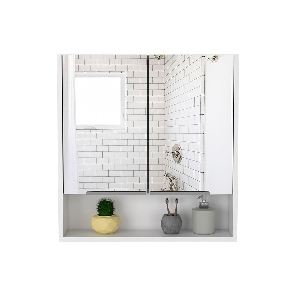 Modern white medicine cabinet with mirrored doors and subway tile shower reflection