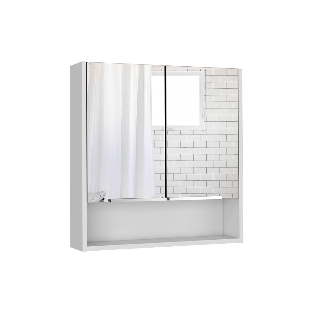 White modern medicine cabinet with mirrored doors and open shelf