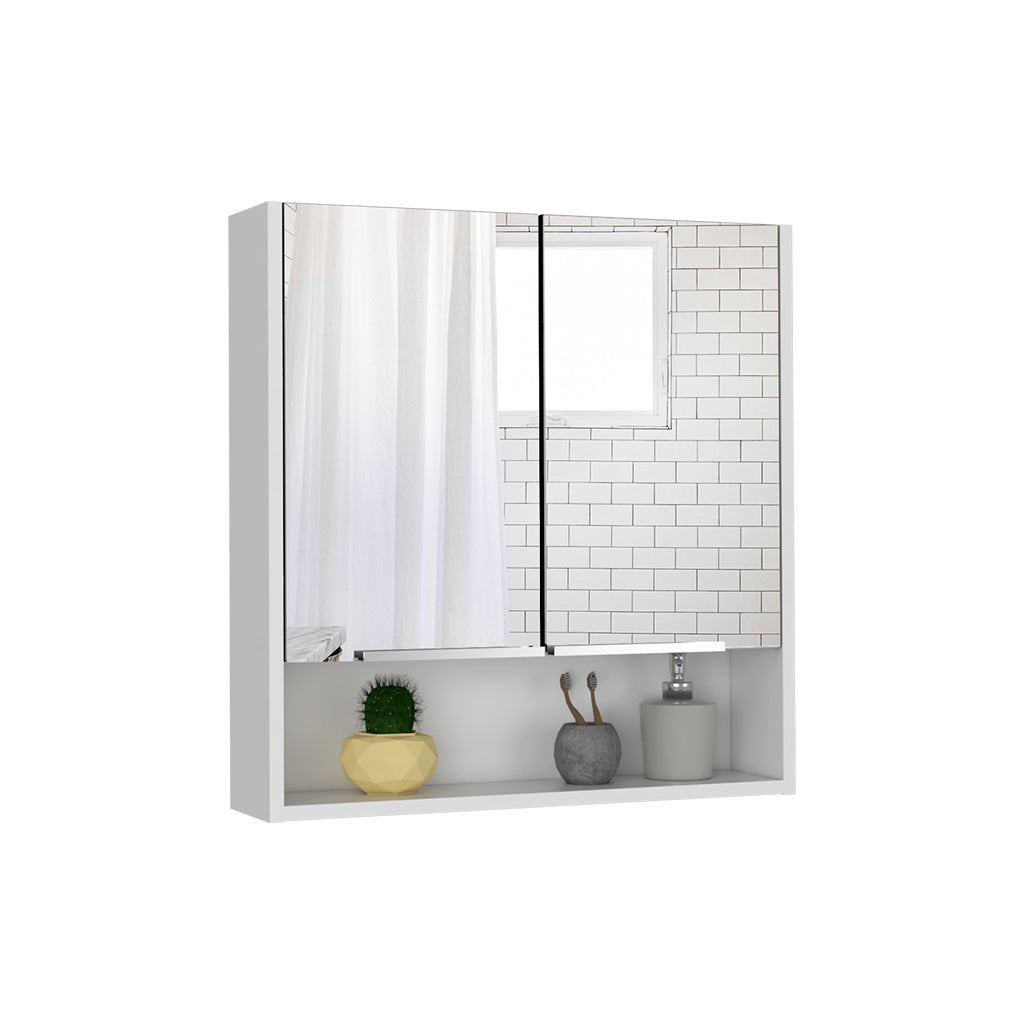 Modern white bathroom cabinet with dual mirrored doors and open shelf