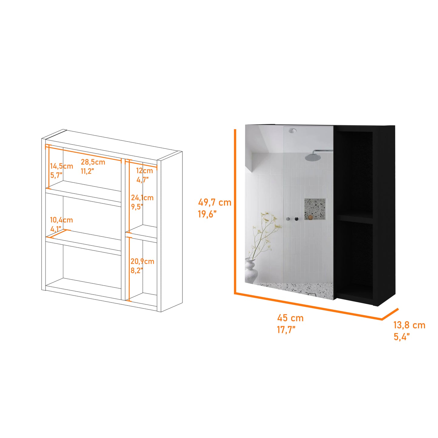 Black modern wall cabinet with open shelves and a mirrored door for bathroom storage