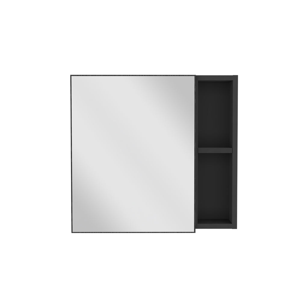 Modern black bathroom medicine cabinet with mirrored door and two open shelves