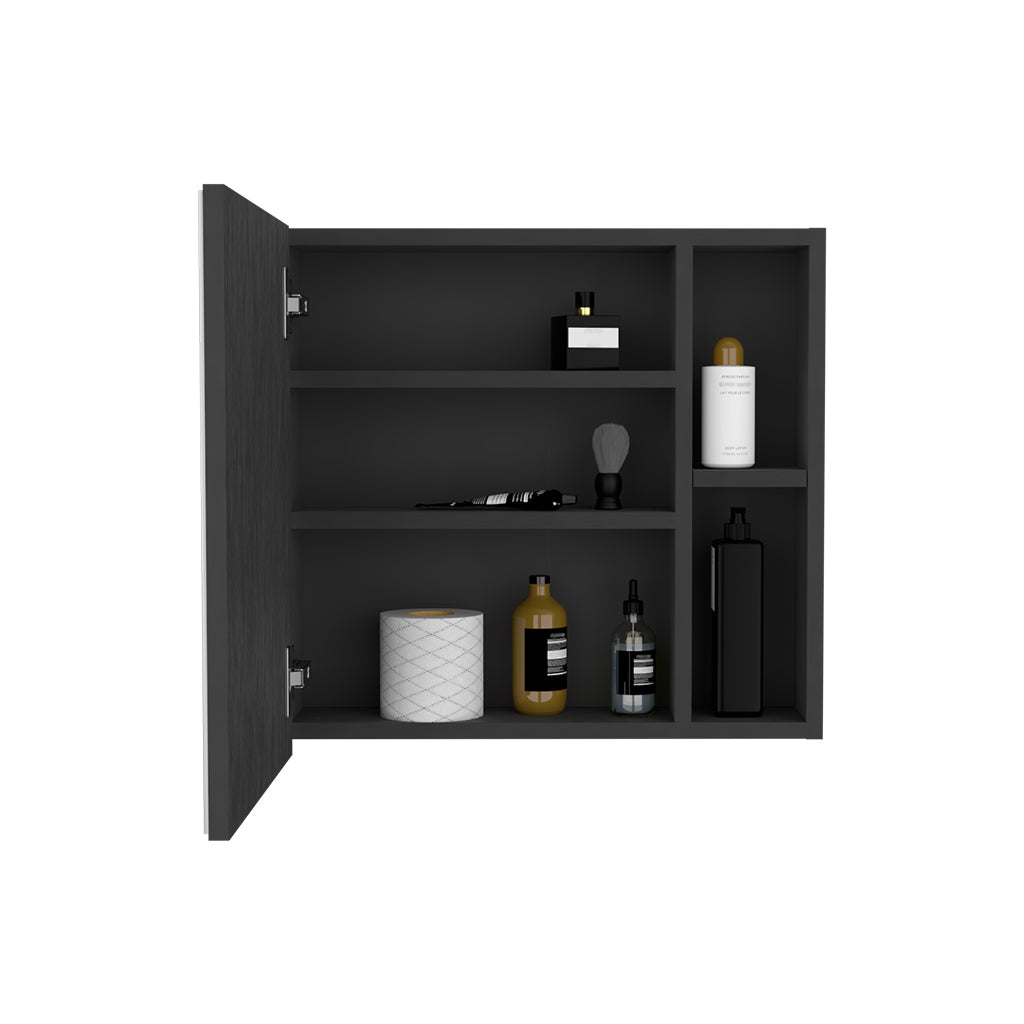 Modern dark gray medicine cabinet with open door containing toiletries