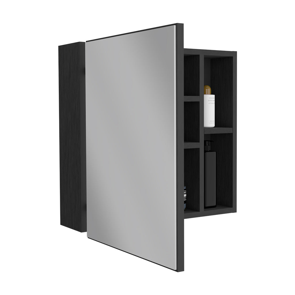 Modern black bathroom cabinet with mirrored door and open shelving holding toiletries