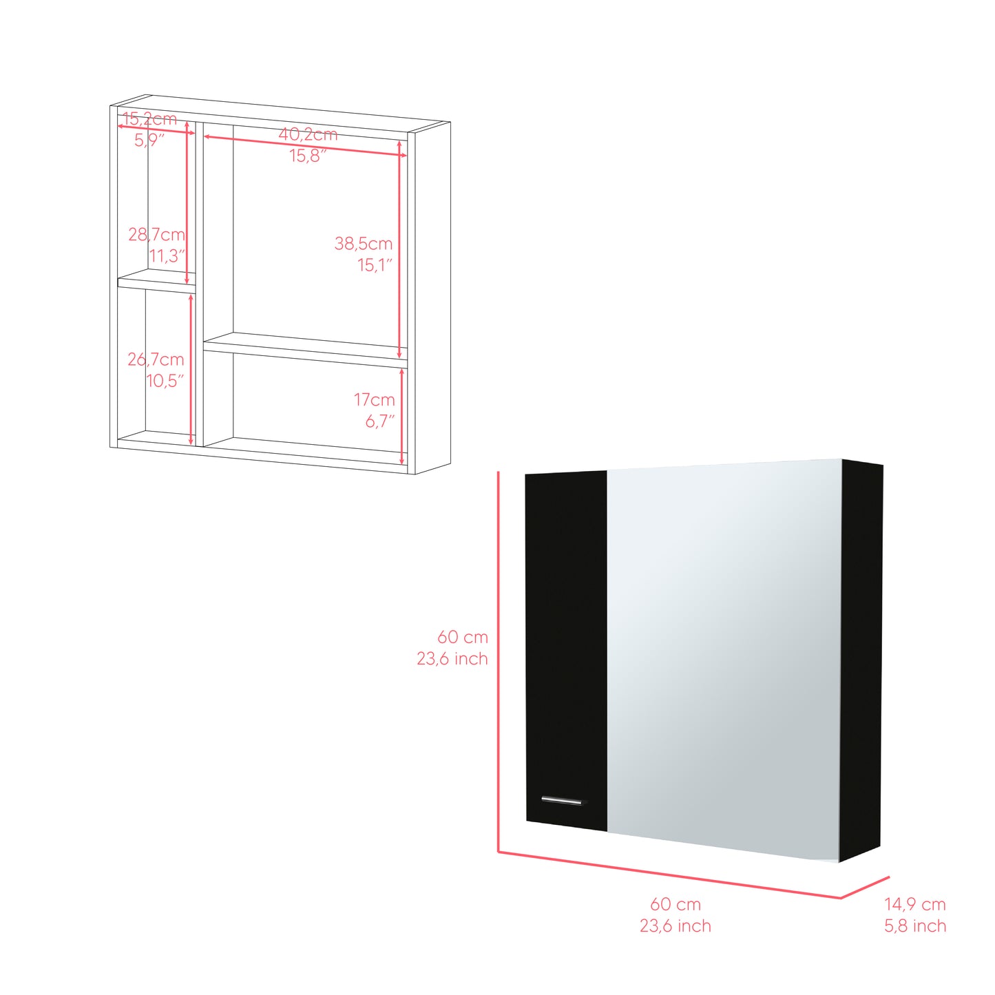 Black and white mirrored medicine cabinet with dimensions xx cm
